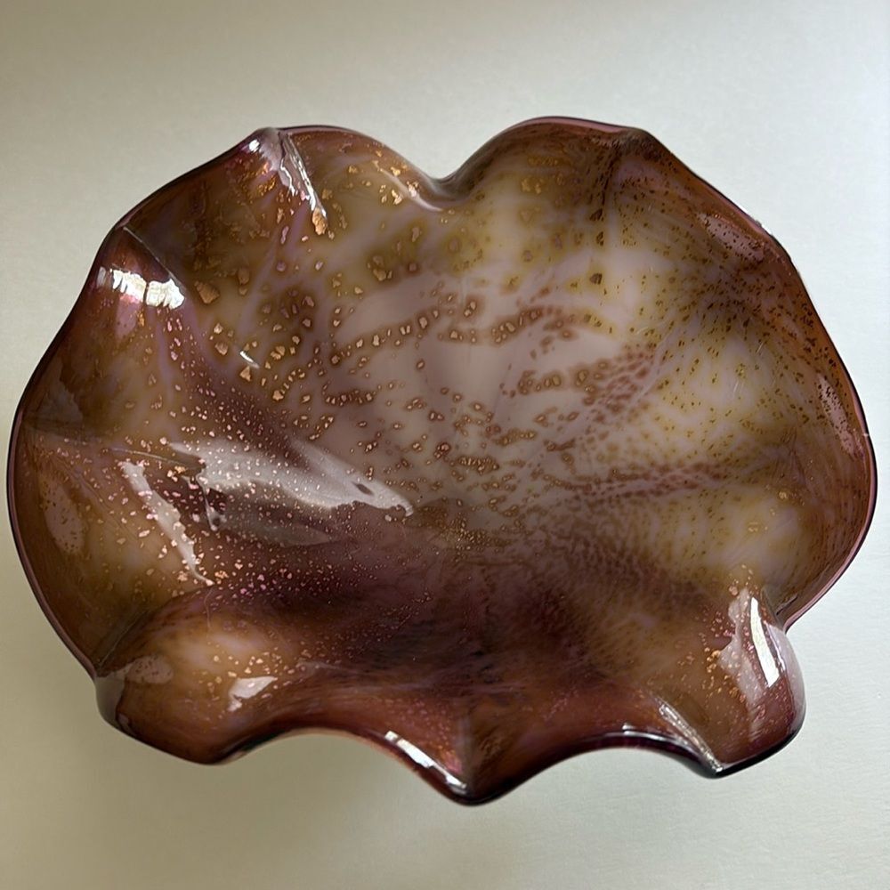 EUC Murano Vintage MCM art glass bowl 8” Copper Cased Pink Brown White Sticker